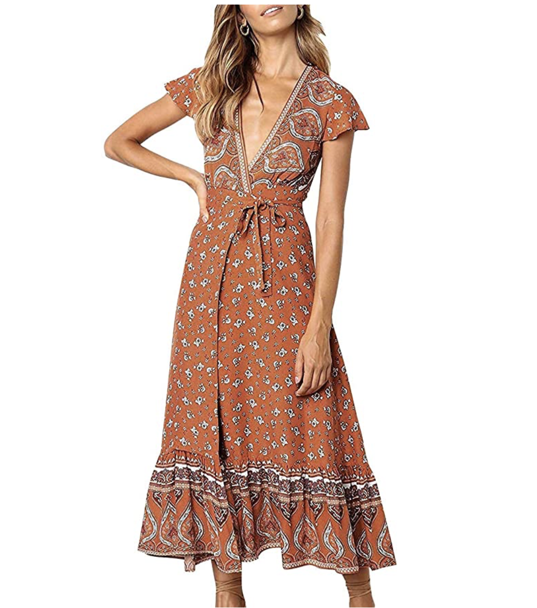 Rosegal Plus Size Printed Maxi Split Dress Bohemian Beach Party Maxi Dress Vintage Elegant High Wasit V-Neck Summer Bodycon Robe